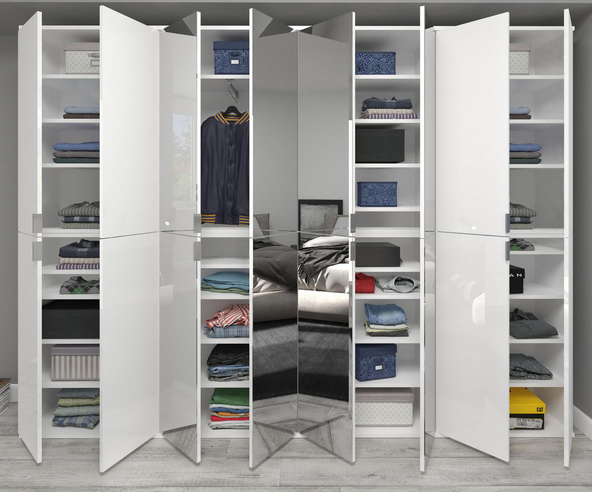 KLEIDERSCHRANK weiß Hochglanz 244 cm, Mehrzweckschrank mit Spiegeltüren, 36 Fächer - Weiß Hochglanz/Silberfarben, Holzwerkstoff/Metall (244/193/34cm) - Inn.Furn