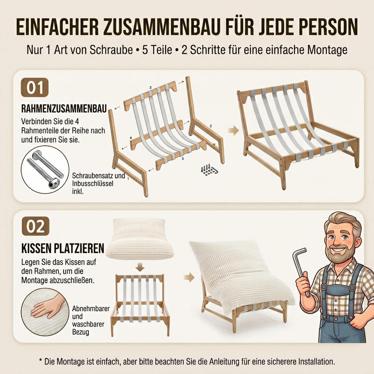 XXL-SESSEL Cord mit Holzrahmen, Breites Kissen, Beige - Beige, Holz/Textil (117/94/114cm) - LVHOM