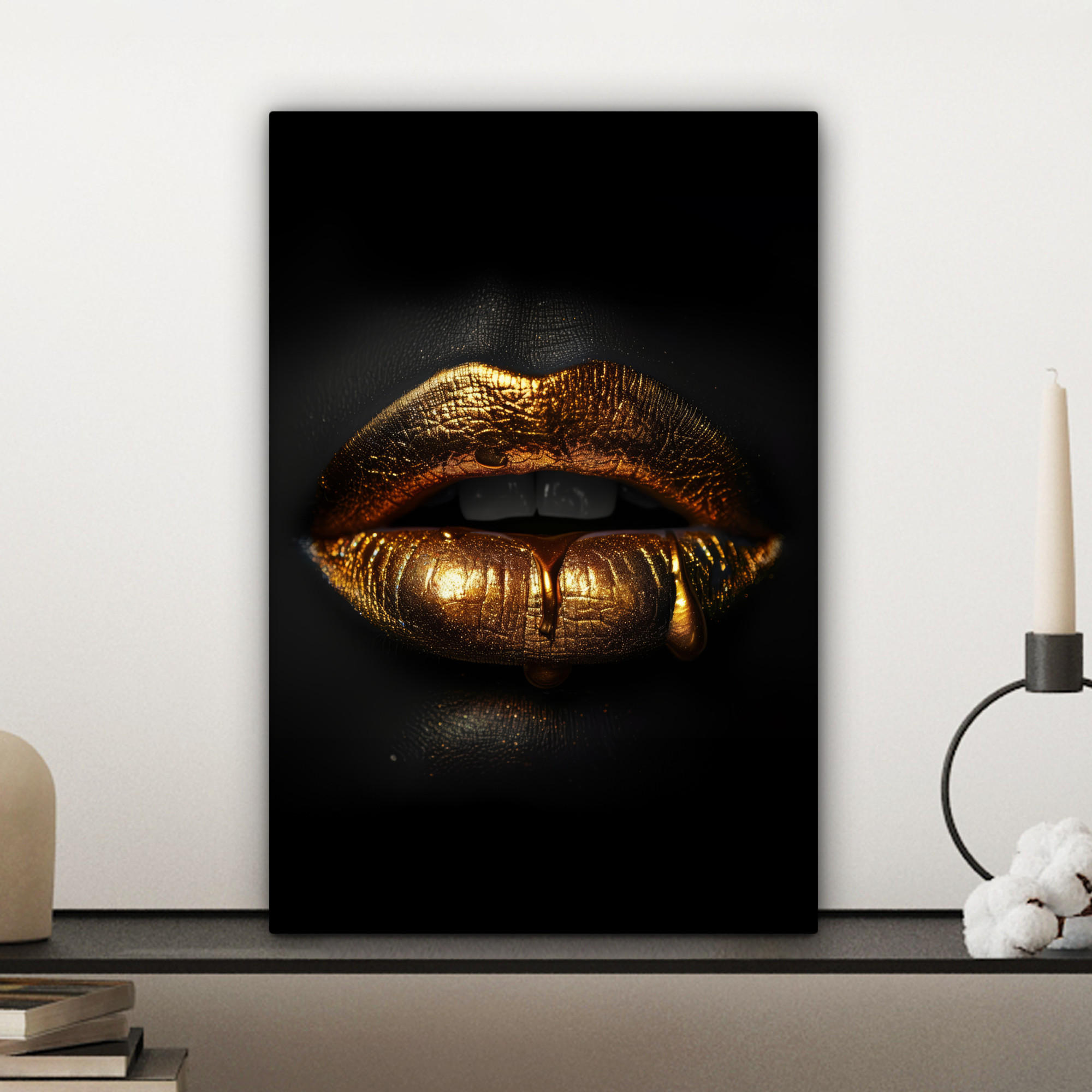 LEINWANDBILD Frau - Porträt - Lippen - Gold - Schwarz 20x30 cm - Schwarz, Textil (20/30cm) - MuchoWow