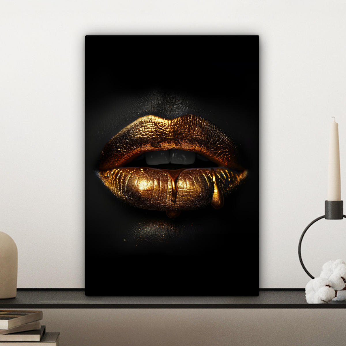 LEINWANDBILD Frau - Porträt - Lippen - Gold - Schwarz 20x30 cm - Schwarz, Textil (20/30cm) - MuchoWow