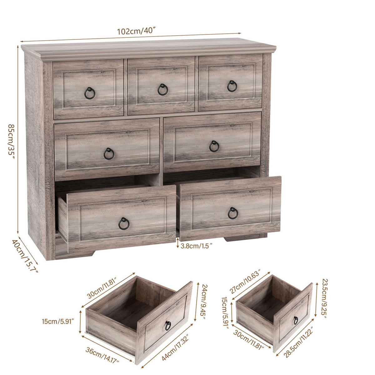 KOMMODE 7 Schubladen – Große MDF-Kommode mit Kippschutz, 102 × 40 × 85 cm, Grau - Wildeiche, Holzwerkstoff (102/85/40cm) - Ej. Life