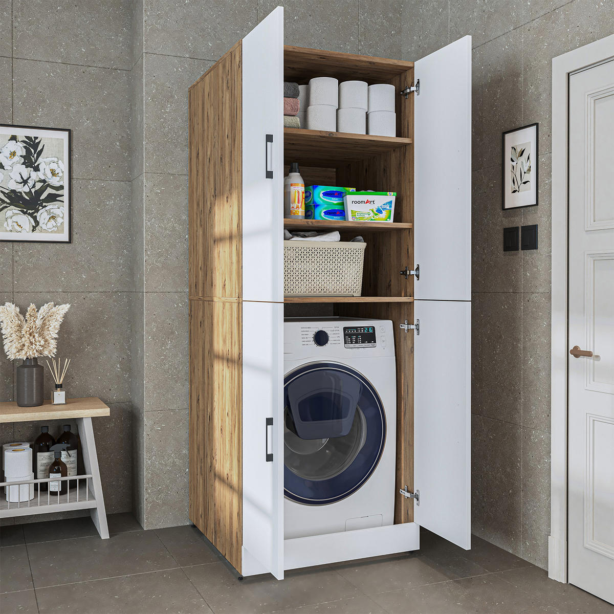 WASCHMASCHINENSCHRANK DORA-II 70cm Breit - Eiche Bianco, Holzwerkstoff (70/186/74cm)