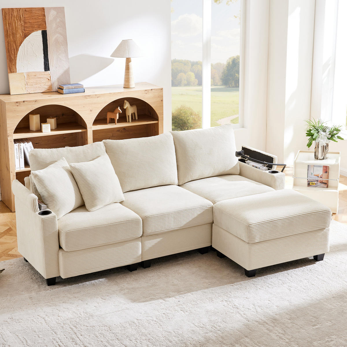 4-SITZER ECKSOFA Cord Beige mit USB, Ablage und mit Kissen - Beige, Holzwerkstoff/Kunststoff (213.5/139cm) - WISHDOR