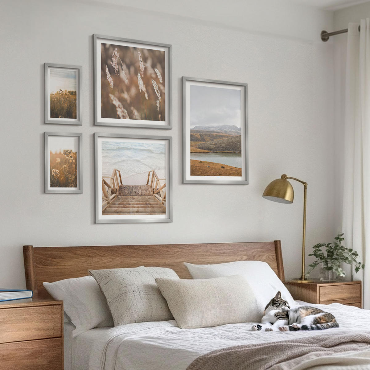BILDER SET 5er Set - 50x50 cm & 20x30 cm & 40x60 cm Silberner Rahmen - Landschaften Wiesen Berge See - Silberfarben, Kunststoff (40/60cm) - TULUP