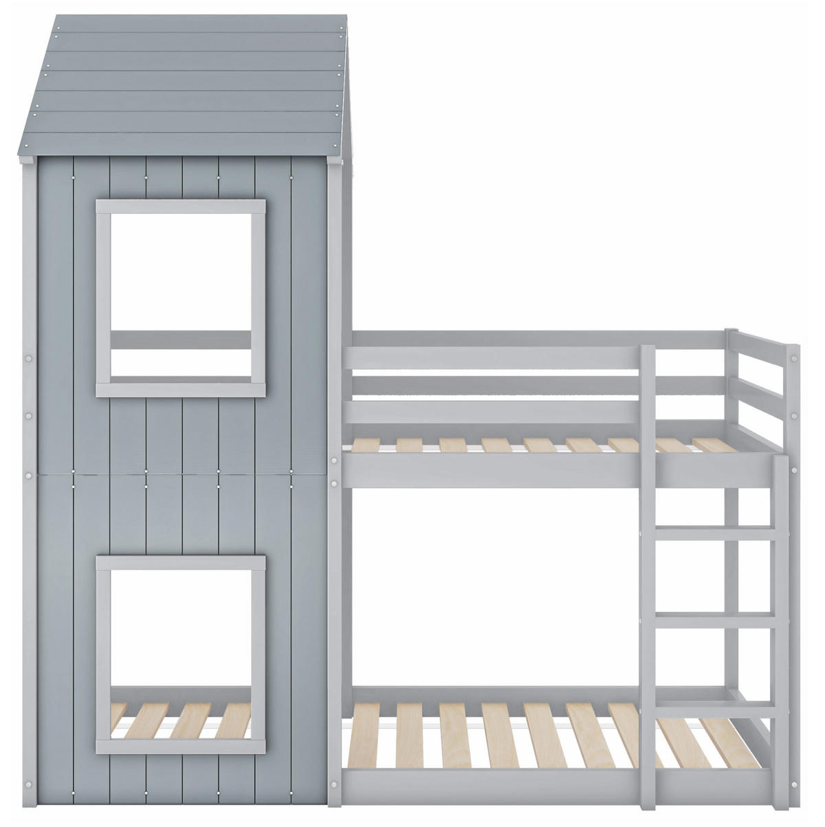 ETAGENBETT 90/200 cm Grau aus massivem Kiefernholz mit Leiter und Baldachin - Grau, Holzwerkstoff (90/200cm) - OKWISH