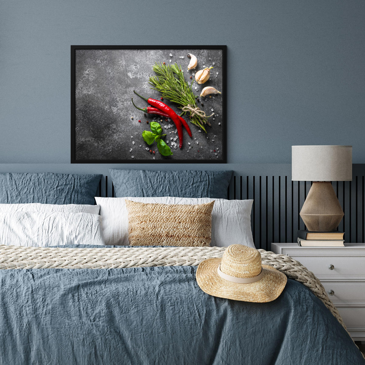ZARÁMOVANÝ PLAGÁT Korenie - bylinky - korenie - betón 80x60 cm - tmavosivá, papier (80/60cm) - MuchoWow