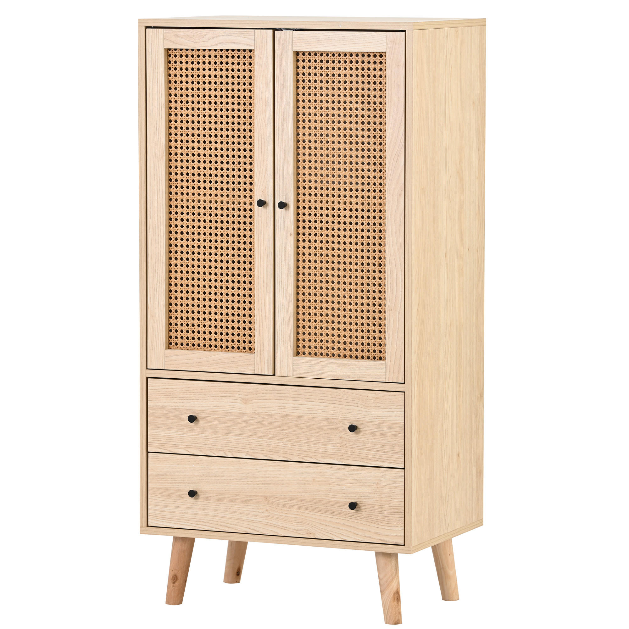 HIGHBOARD DE-38899 60/40/120 cm 2 Türen und 2 Schubladen Eiche/Rattan - Eichefarben, Holzwerkstoff (60/120/40cm) - ComfortXL