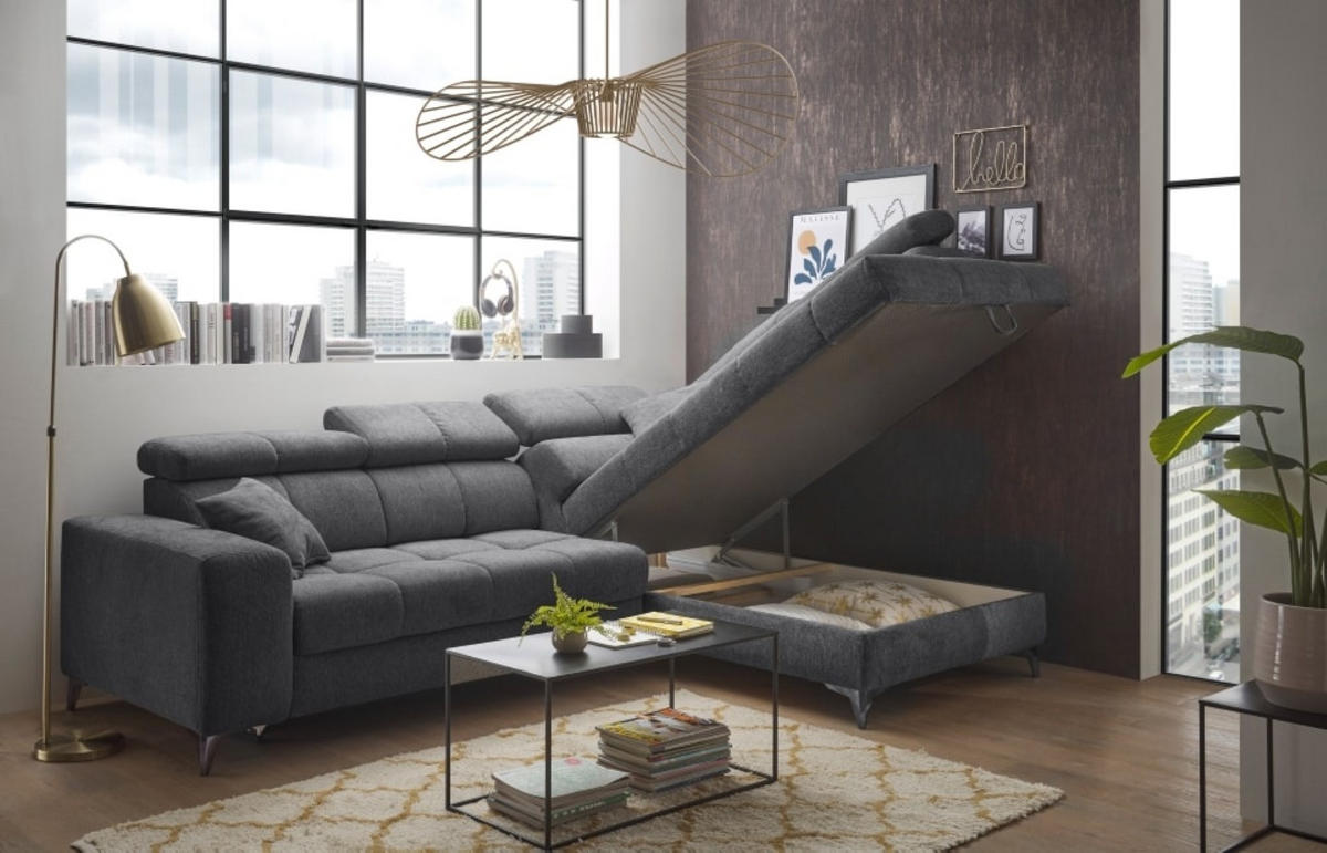 ECKSOFA mit Schlaffunktion und Bettkasten, Luxus-Mikrofaser - Anthrazit/Schwarz, Textil/Metall (198/282cm) - ed exciting design