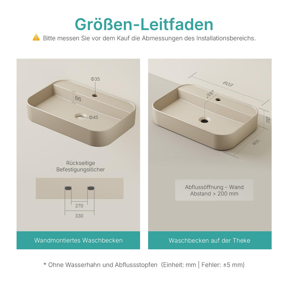 WASCHBECKEN Rechteck Abgerundete Ecken R Mattbeige 40/60/11 cm - Beige, Keramik (40/11/60cm) - EMKE