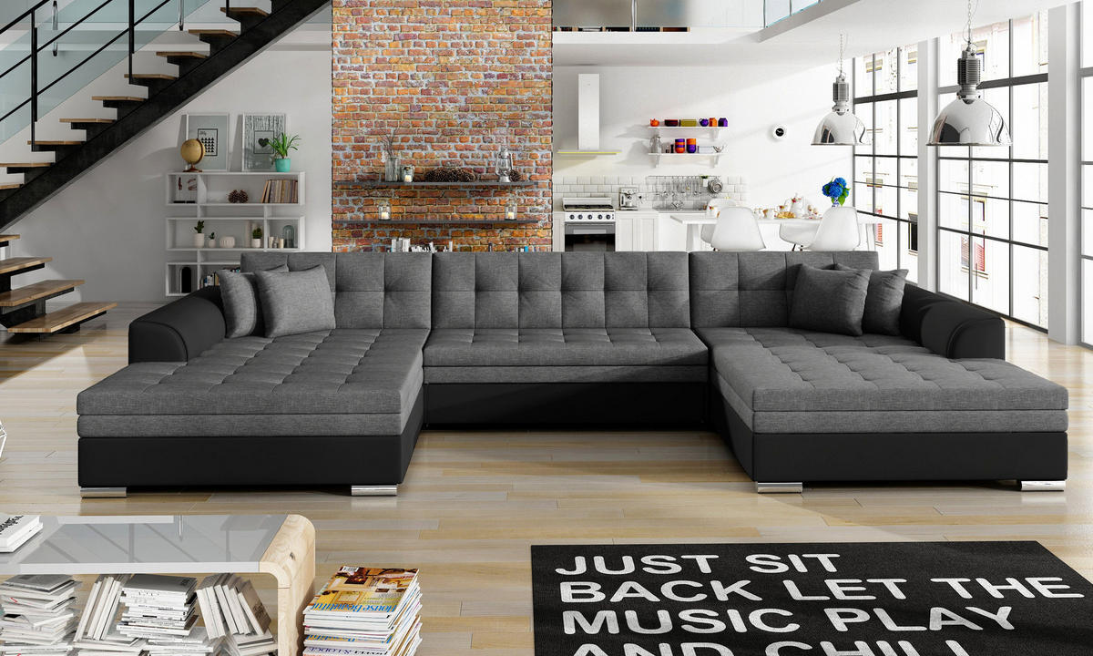 WOHNLANDSCHAFT VENTO U-Form – Großzügiges Ecksofa mit Schlaffunktion & Kissen 359 cm - Schwarz, Kunststoff (359/78/165cm) - Wohnideebilder