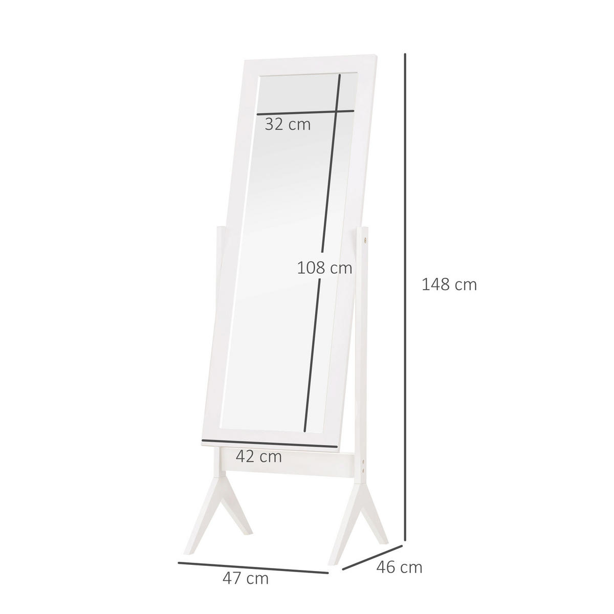 STANDSPIEGEL Erhöhte Füße Ganzkörperspiegel Schminkspiegel Pflegeleicht MDF - Weiß, Glas (46/148/47cm) - HOMCOM