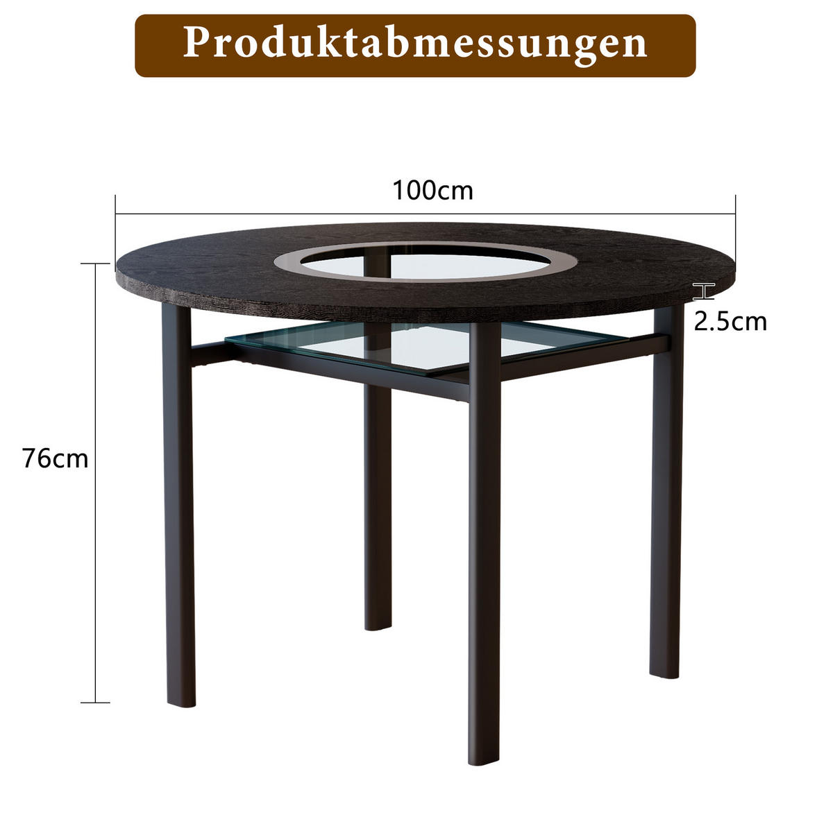 JÍDELNÍ stůl 100 cm s deskou z MDF a tvrzeným sklem, kovová stabilní konstrukce, Černá - černá, kompozitní dřevo (100/100/76cm) - Redom