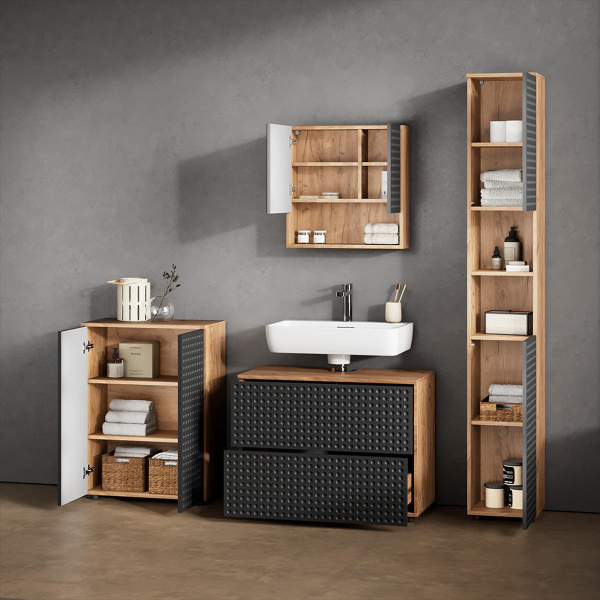 BADMÖBEL-SET Ronco Anthrazit gepunktet 4 Teile, mit Schubladenschrank und Midischrank - Eichefarben/Anthrazit, Holzwerkstoff (80/58/41cm) - Livinity®