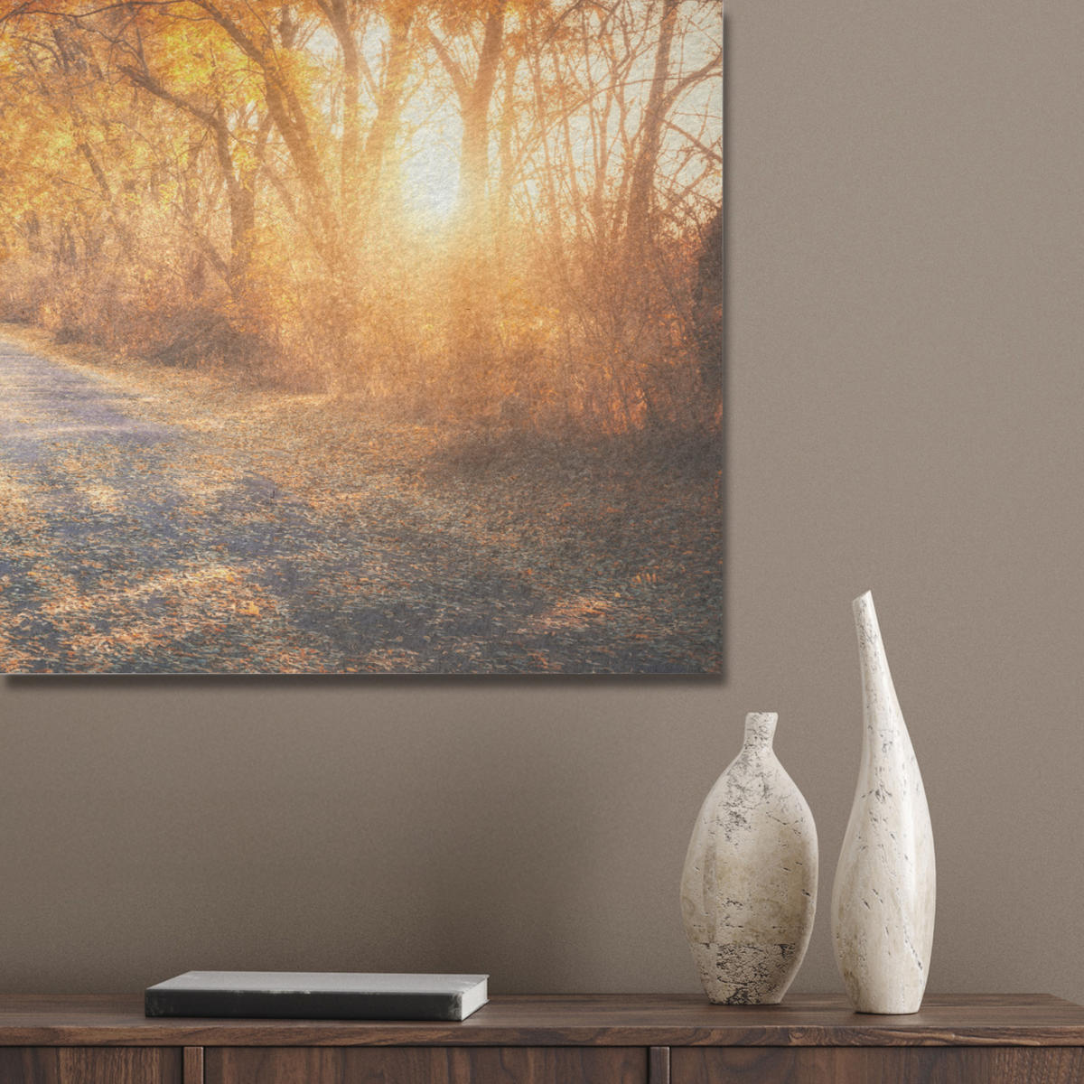 AKUSTIKBILD Wald - Herbst - Bäume - Waldweg - Natur Akustikpaneele 90x60 cm - Bernsteinfarben, Kunststoff (90/60/0.9cm) - MuchoWow