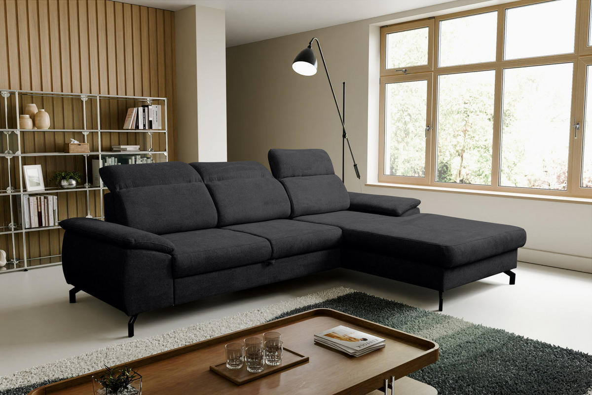 ECKSOFA MALIBU mit Schlaffunktion und Bettkasten, Farbe: Schwarz, Velourstoff, Ottomane Rechts - Schwarz, Textil (276/184cm) - VENASI MÖBEL