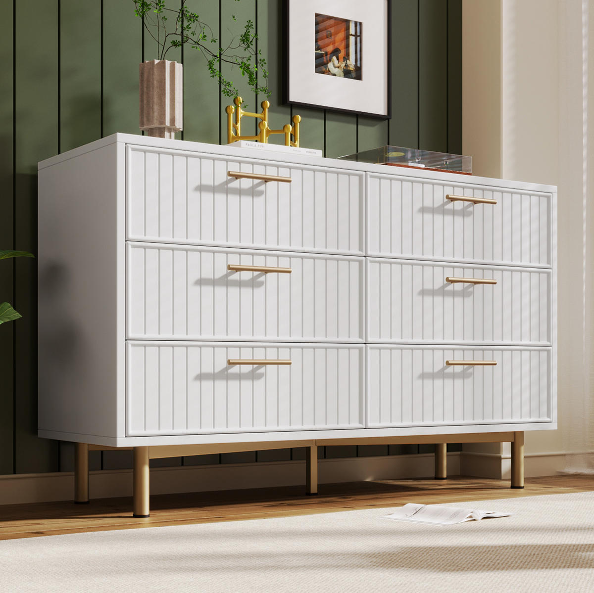 SCHUBLADENKOMMODE 120/40/75 cm mit 6 Schubladen und goldfarbenen Griffen - Weiß, Holzwerkstoff (120/40/75cm) - BEAOK