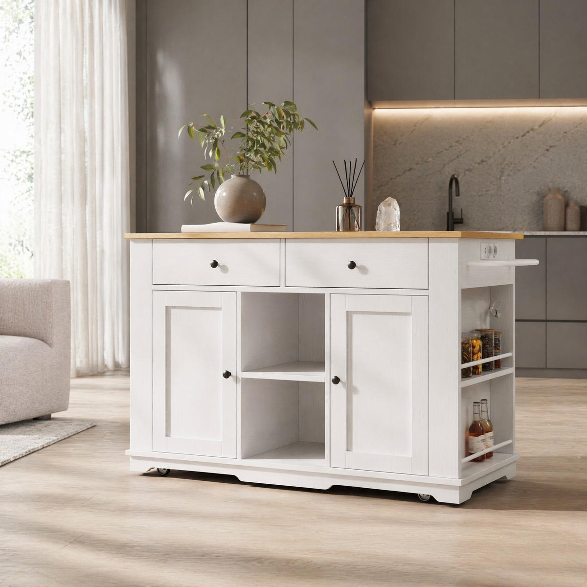 KÜCHENINSEL in Weiß und Naturfarben Servierwagen mit Schubladen für Küche und Esszimmer, B151.5/T59.7/H91.7 cm - Weiß/Naturfarben, Holzwerkstoff/Metall (151.5/91.7/59.7cm) - STILVORA