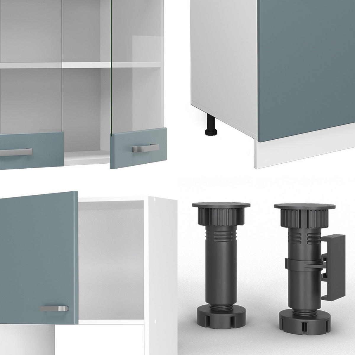 KÜCHENZEILE R-Line Blau-Grau/Weiß 300 cm mit Hochschrank, AP Eiche - Blaugrau/Weiß, Holzwerkstoff (300/81.6/60cm) - Vicco
