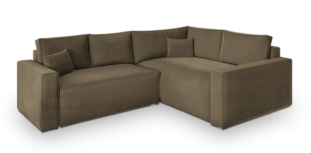 ECKSOFA ERONIS R-S Beige Velours-Stoff mit Schlaffunktion - Beige, Holz (265/194cm) - MASSENO