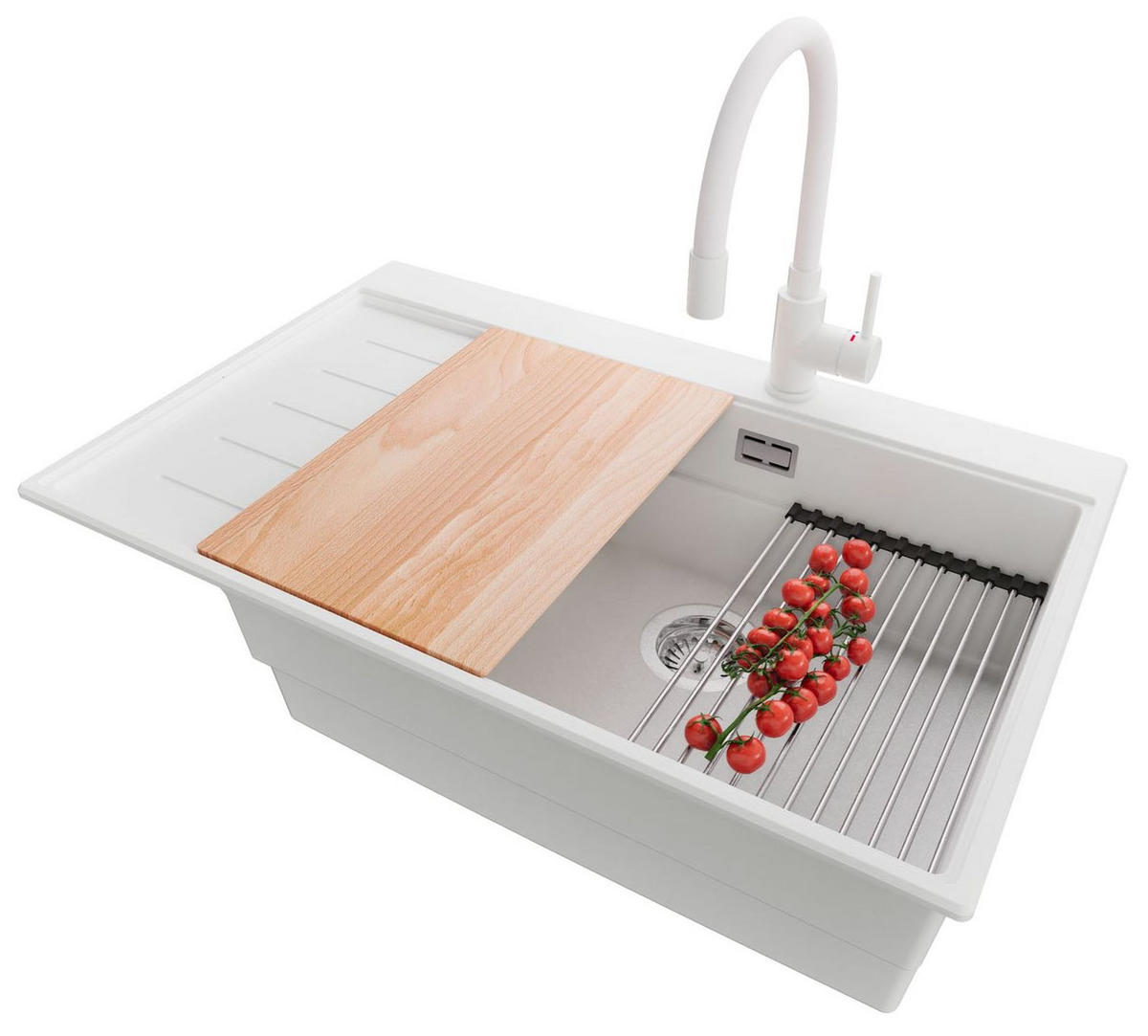 GRANITSPÜLE Sydney, 2-er set Weiß 78/50 cm 1 Becken + Küchenarmatur 38/14 cm + Ablauf-Set + Küchenzubehörset ab 60er Unterschrank - Chromfarben/Beige, Kunststoff (78/20/50cm) - Primagran