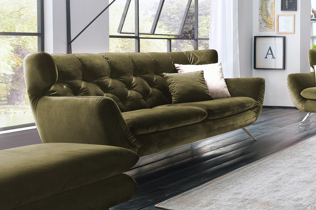 SOFA CHARME Grün Velvet - Dunkelgrün/Silberfarben, Textil/Metall (200/94/95cm) - KAWOLA