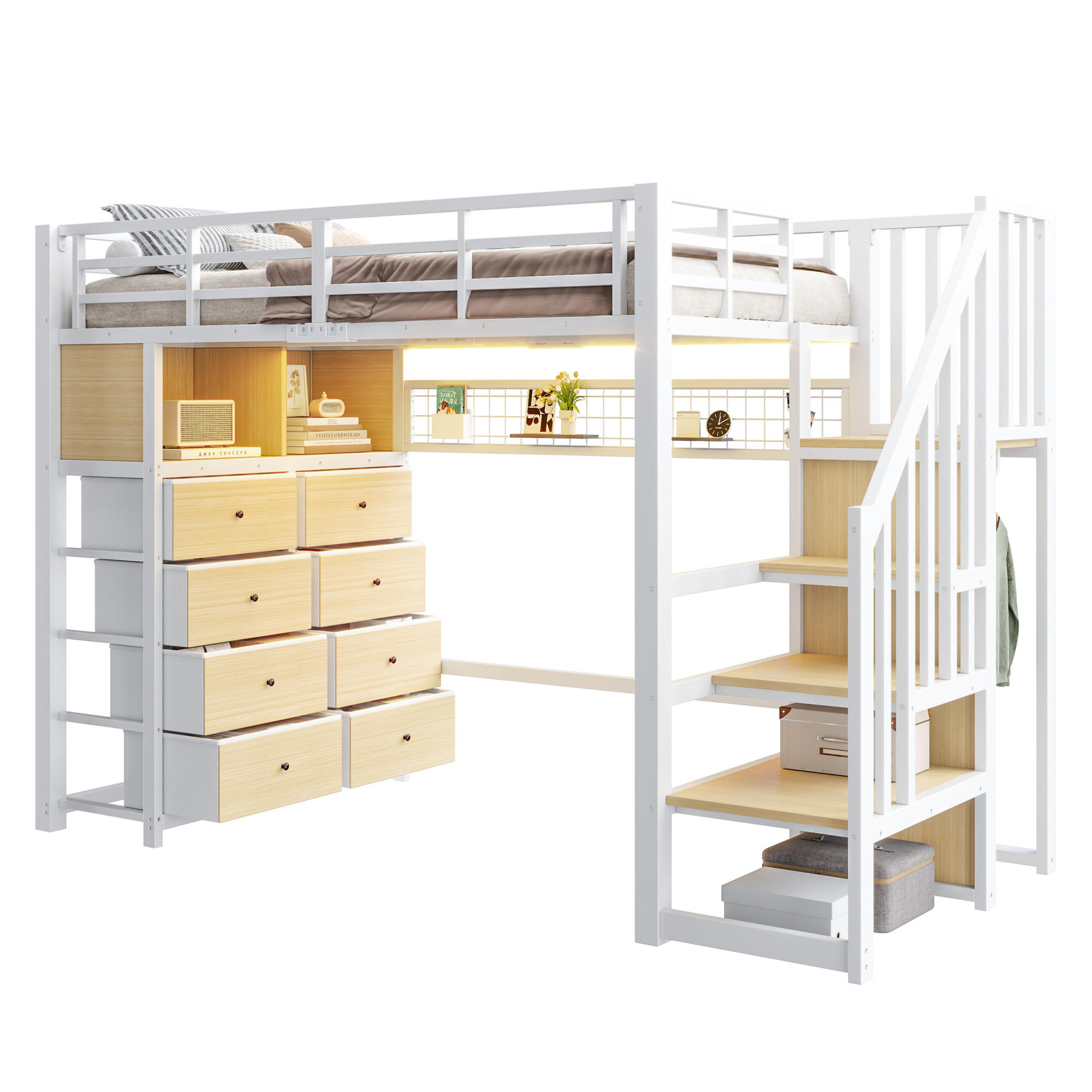 HOCHBETT 90x200cm mit 8 Schubladen und Aufbewahrungsleiter, Weiß - Weiß, Metall (90/200cm) - KOMHTOM
