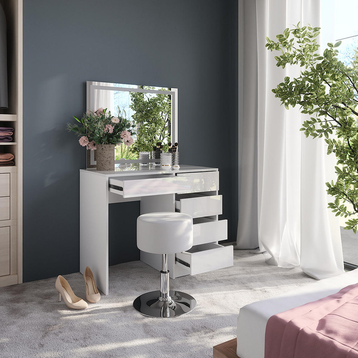SCHMINKTISCH Sherry Weiß/Weiß Hochglanz 89.8 cm mit LED-Spiegel und Hocker - Weiß Hochglanz, Holzwerkstoff (89.8/76/50.1cm) - Vicco