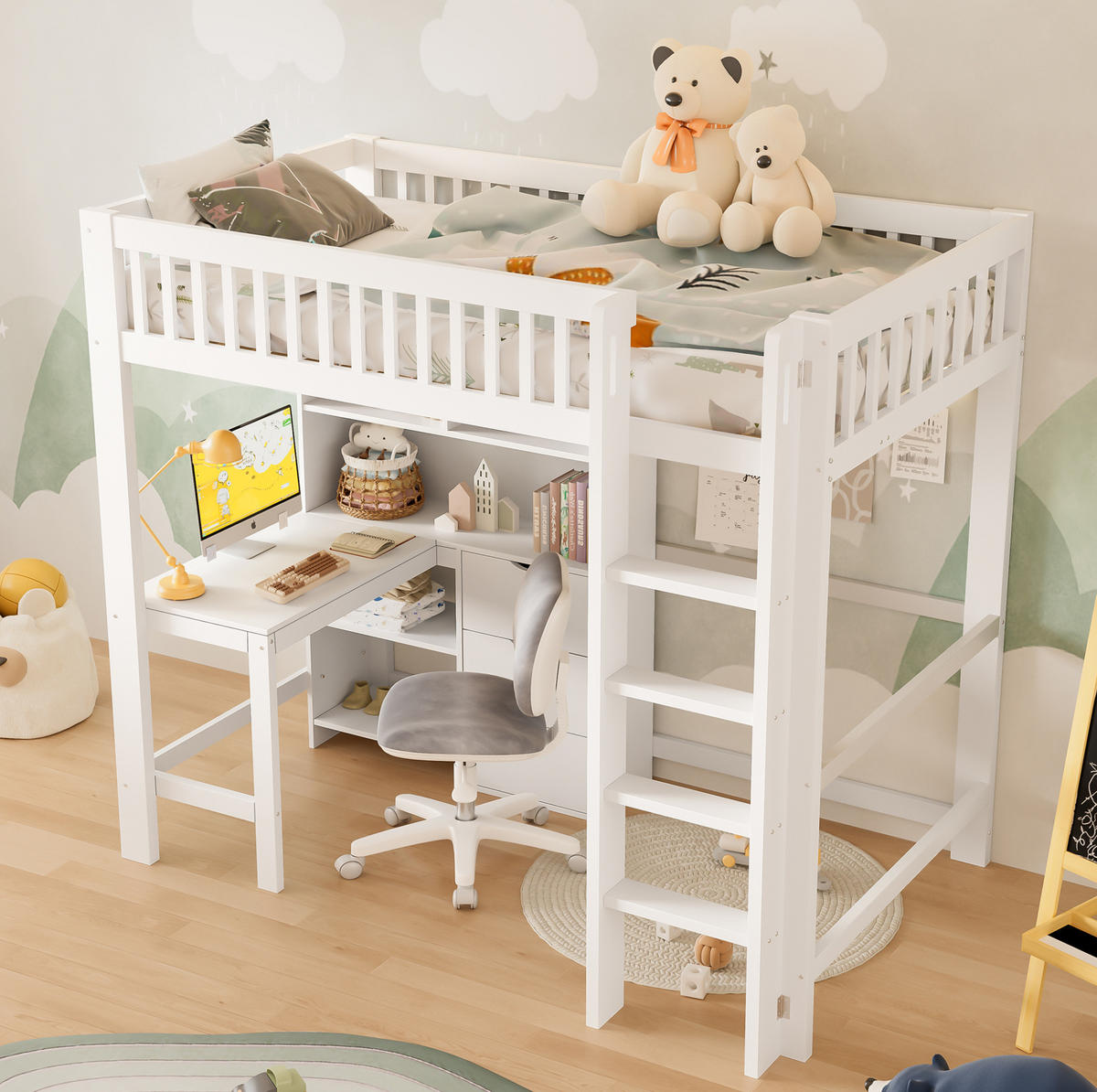 HOCHBETT 90/200 cm mit Schreibtisch, 3 Schubladen, Ablagefächern und Leiter aus Kiefernholz und MDF, Weiß - Weiß, Holz (90/200cm) - Redom