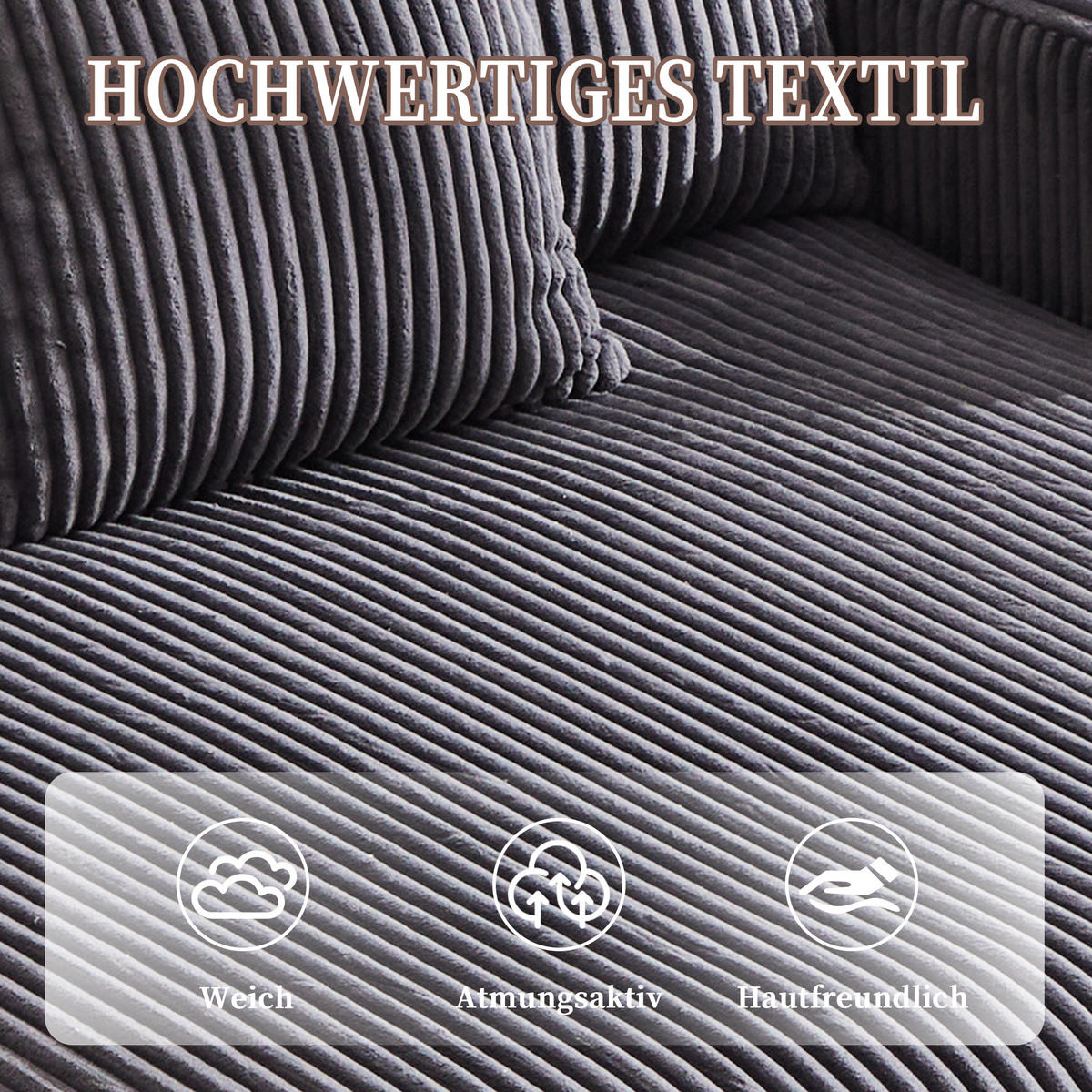 SCHLAFSOFA 1-Sitzer Corduroy Dunkelgrau mit LED-Beleuchtung, USB-Anschluss und Getränkehaltern - Hellgrau, Textil (128/85/142cm) - Luhomfu