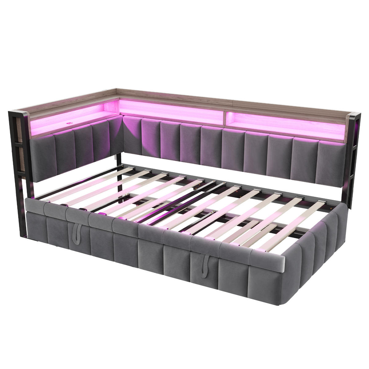 POLSTERBETT 90x200 Dunkelgrau Samt LED USB - Grau, Textil (90/200cm) - FLIEKS