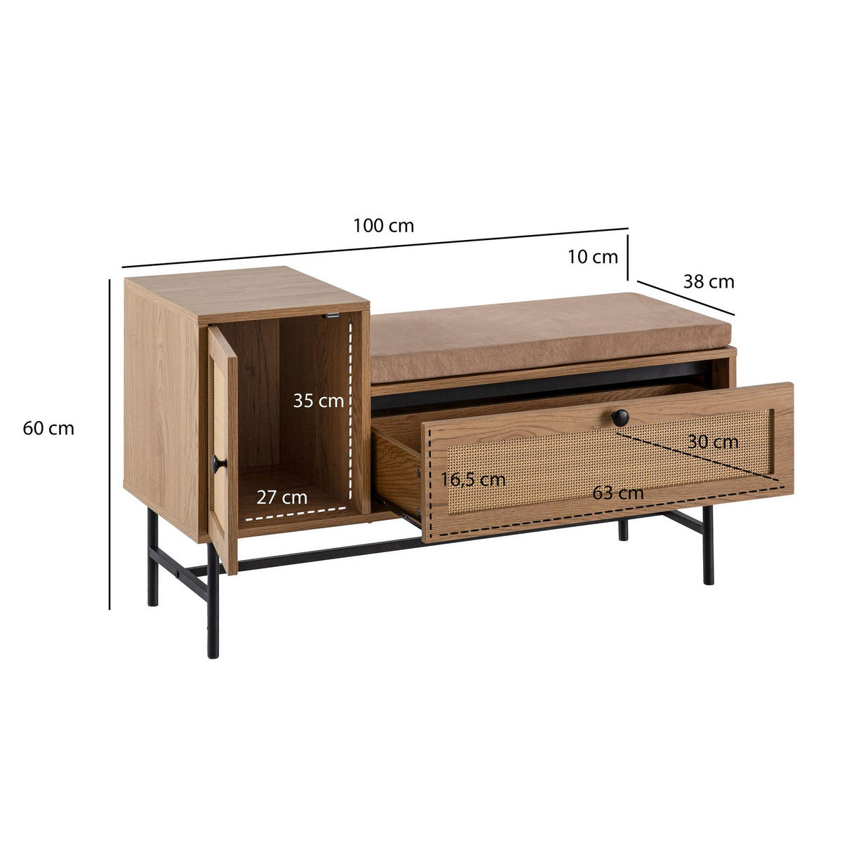 SCHUHBANK – Eiche-Dekor, 100x60x38 cm, Rattan-Elemente, gepolstert, mit Stauraum - Beige/Schwarz, Textil/Metall (100/60/38cm) - KADIMA DESIGN