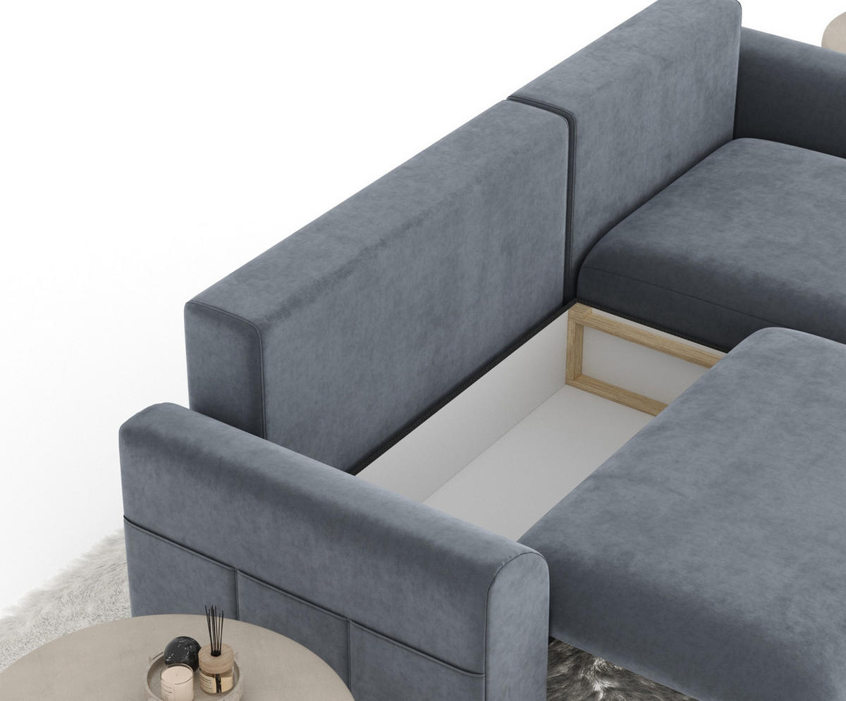 ECKSOFA MIT SCHLAFFUNKTION Bodega Grau Samtstoff - Schwarz/Grau, Holz/Holzwerkstoff (235/138cm) - Maison de Reve