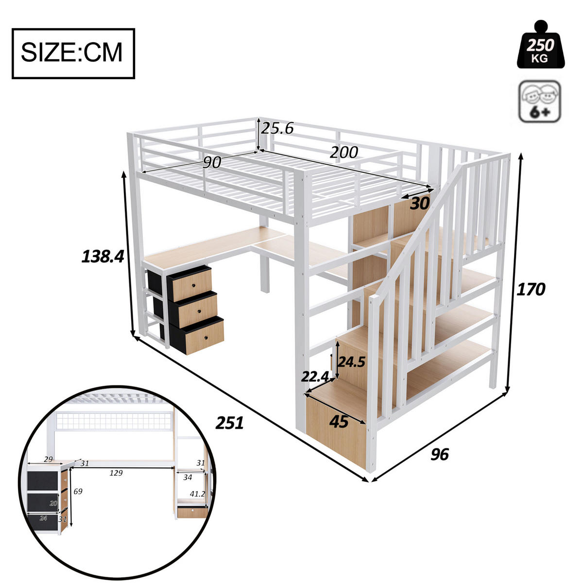 HOCHBETT 90/200 cm weiß aus Metall und MDF mit Schreibtisch und LED - Weiß, Metall (90/200cm) - OKWISH