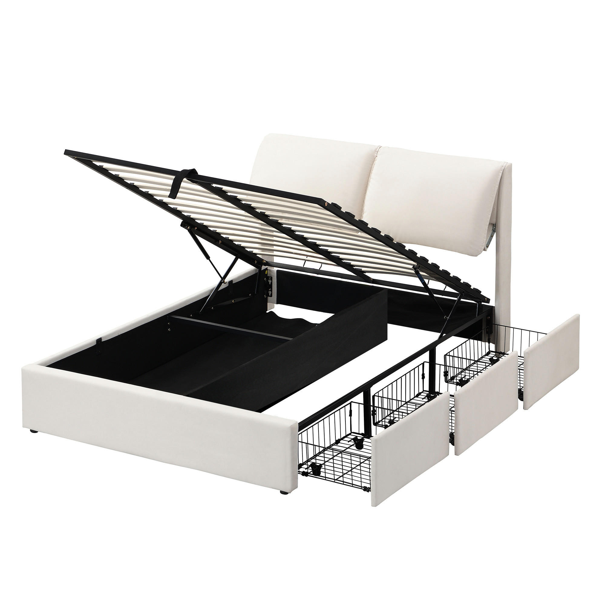 POLSTERBETT 140/200 cm mit hydraulischem Bettkasten, 3 Schubladen und verstellbarem Kopfteil aus Samt, Beige - Beige, Textil (140/200cm) - Redom