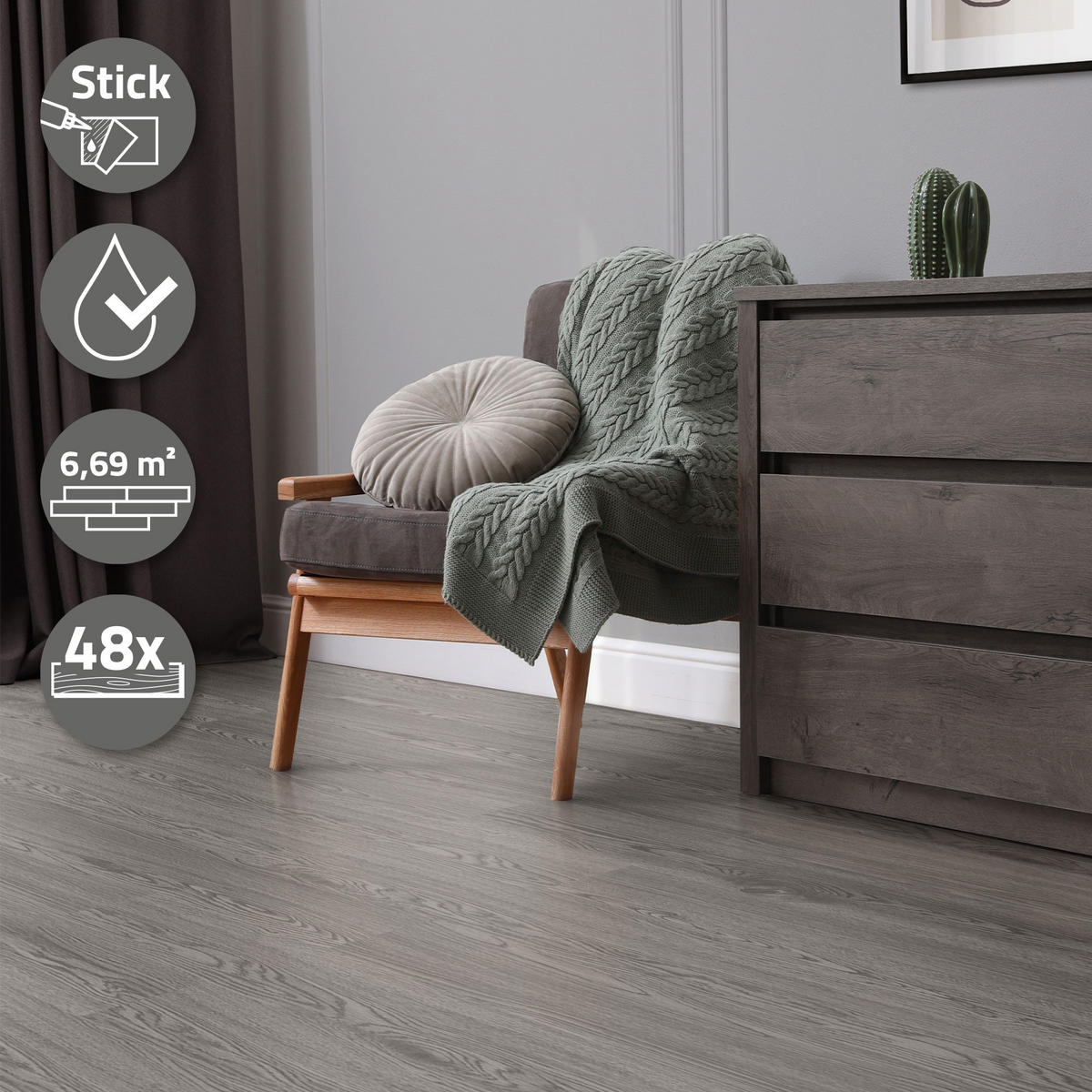 VINYLBODEN selbstklebend 6,69m²/48 Dielen Eiche Grau - Grau, Kunststoff (91.5/15.3/0.2cm) - ML-DESIGN