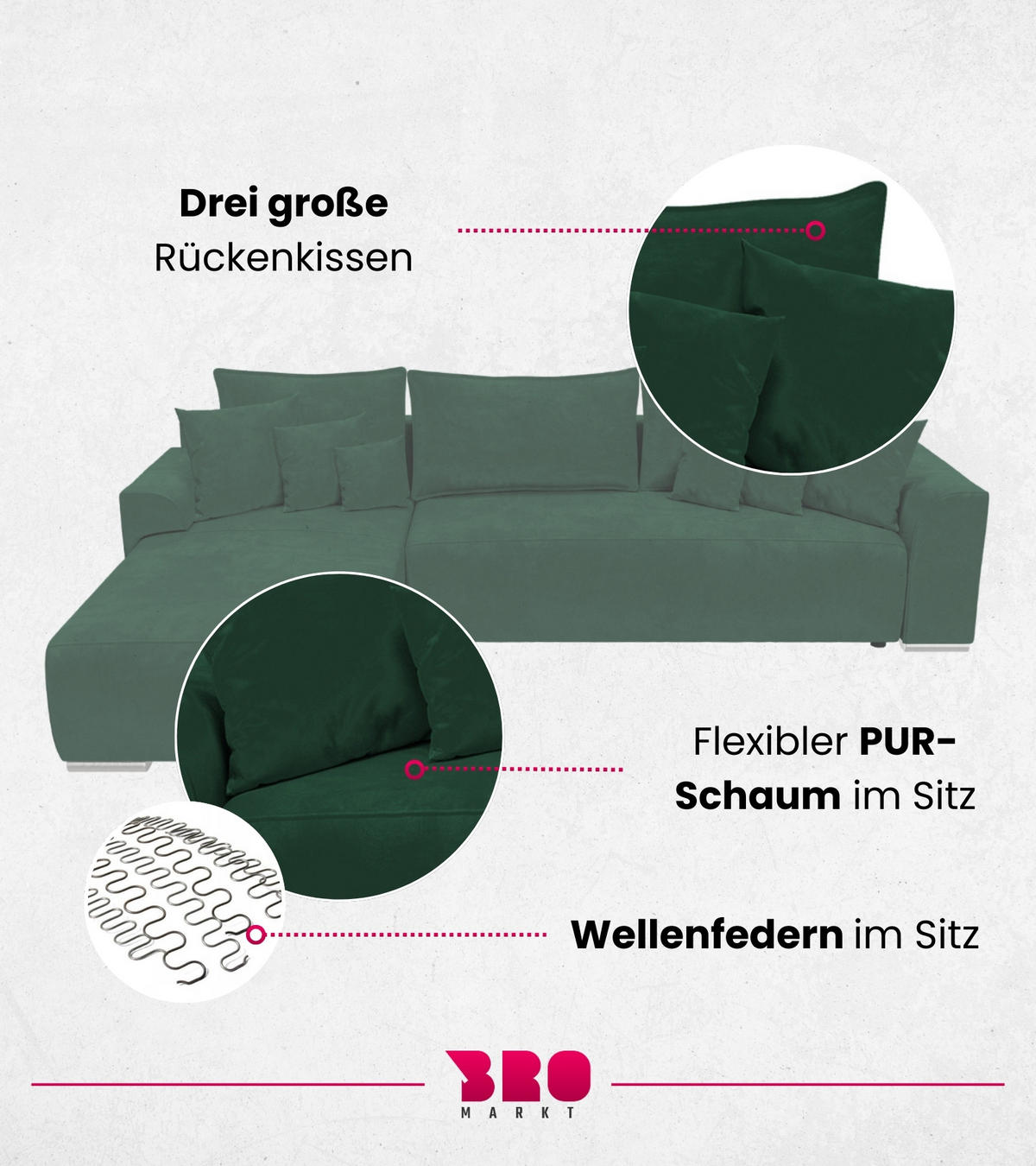 ECKSOFA Sydney mit Schlaffunktion Grün Plüsch - Grün, Textil (280/184cm) - Bromarkt