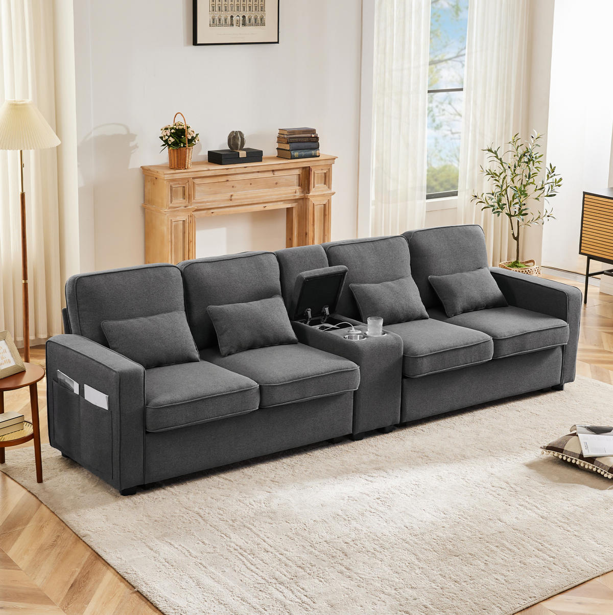 4-SITZER Sofa 290/83/88 cm Dunkelgrau aus Leinen mit USB-Anschluss und Getränkehaltern - Dunkelgrau, Textil (83/88/290cm) - OKMYHOME