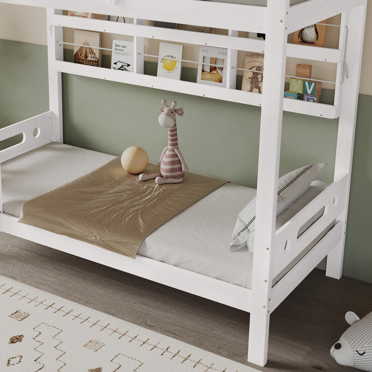 ETAGENBETT Kiefernholz Weiß 90/200 cm mit Leiter und Regalen - Naturfarben, Holz (90/200cm) - ComfortXL