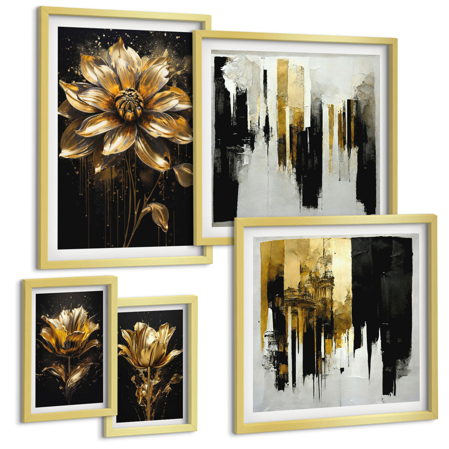 BILDER SET 5er Set - 50x50 cm & 20x30 cm & 40x60 cm Goldrahmen - Blumenbrücke – Lebensinspiration - Goldfarben, Kunststoff (40/60cm) - TULUP