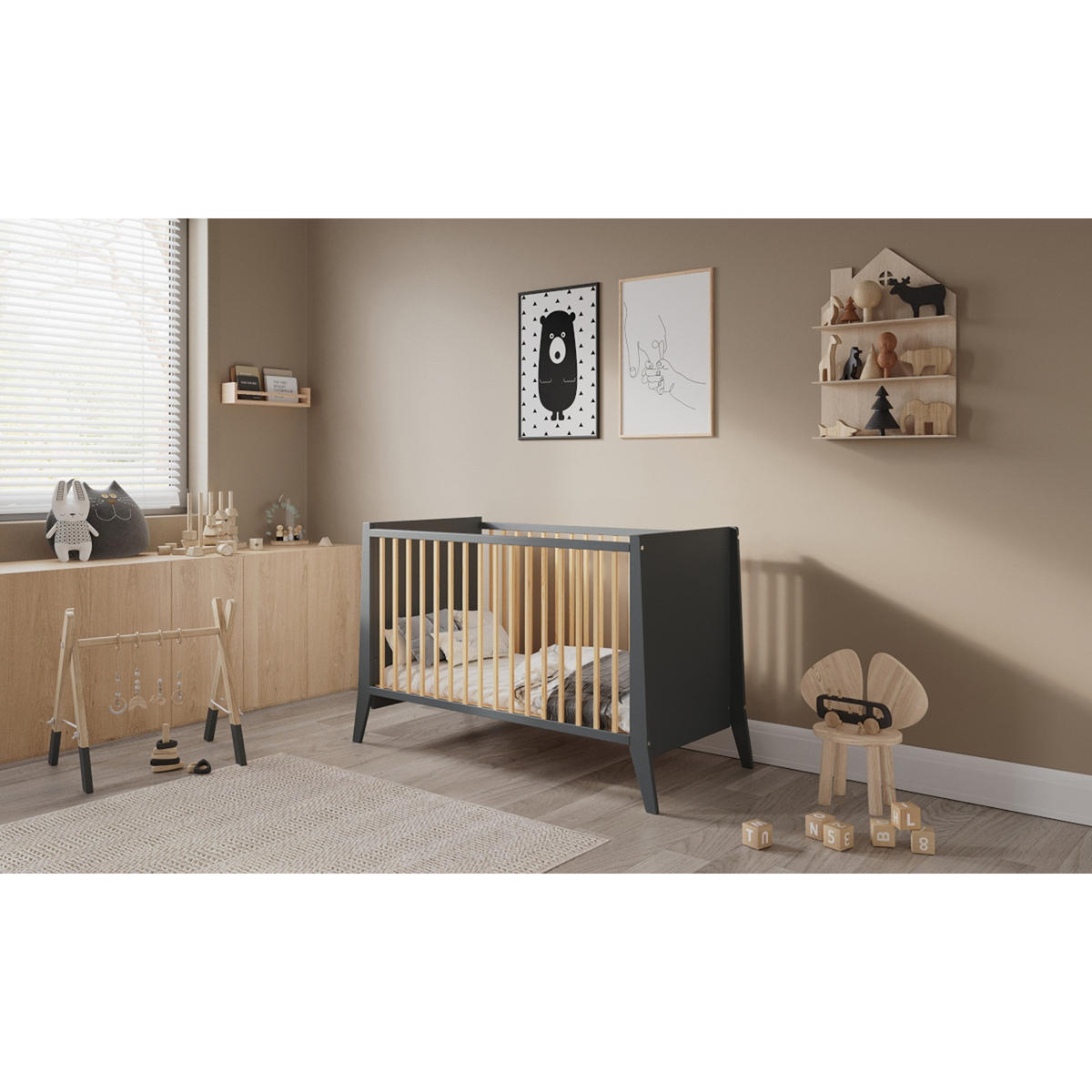 BABYBETT Zoe, Mitwachsendes, Anthrazit - Anthrazit, Holz (60/120cm) - Premiers Moments