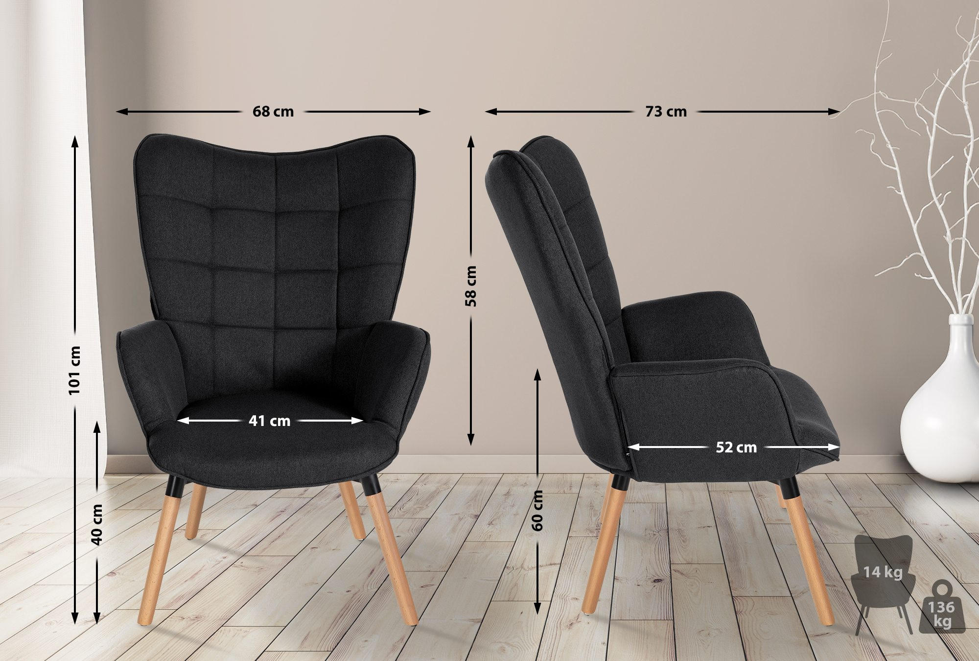 SESSEL Stoff schwarz - Eukalyptusholzfarben/Schwarz, Holz/Textil (68/101/73cm) - CLP