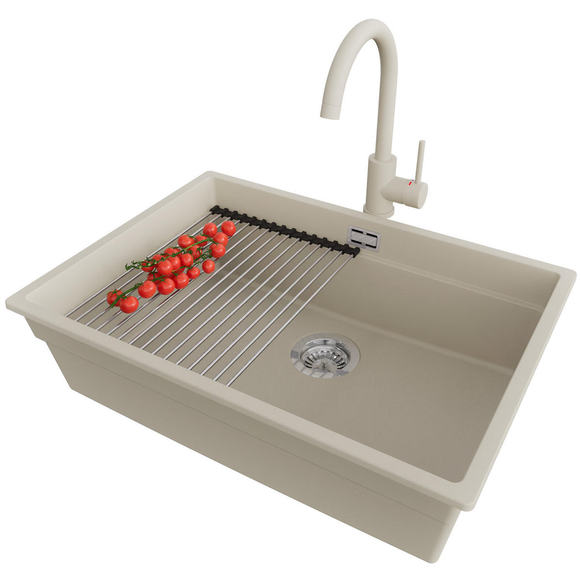 UNTERBAUSPÜLE GRANIT Praga, 2-er set Beige 66/47 cm 1 Becken + Küchenarmatur 32/20 cm + Ablauf-Set + Aufrollbare Abtropffläche ab 70er Unterschrank - Chromfarben/Beige, Kunststoff (66/20/47cm) - Primagran