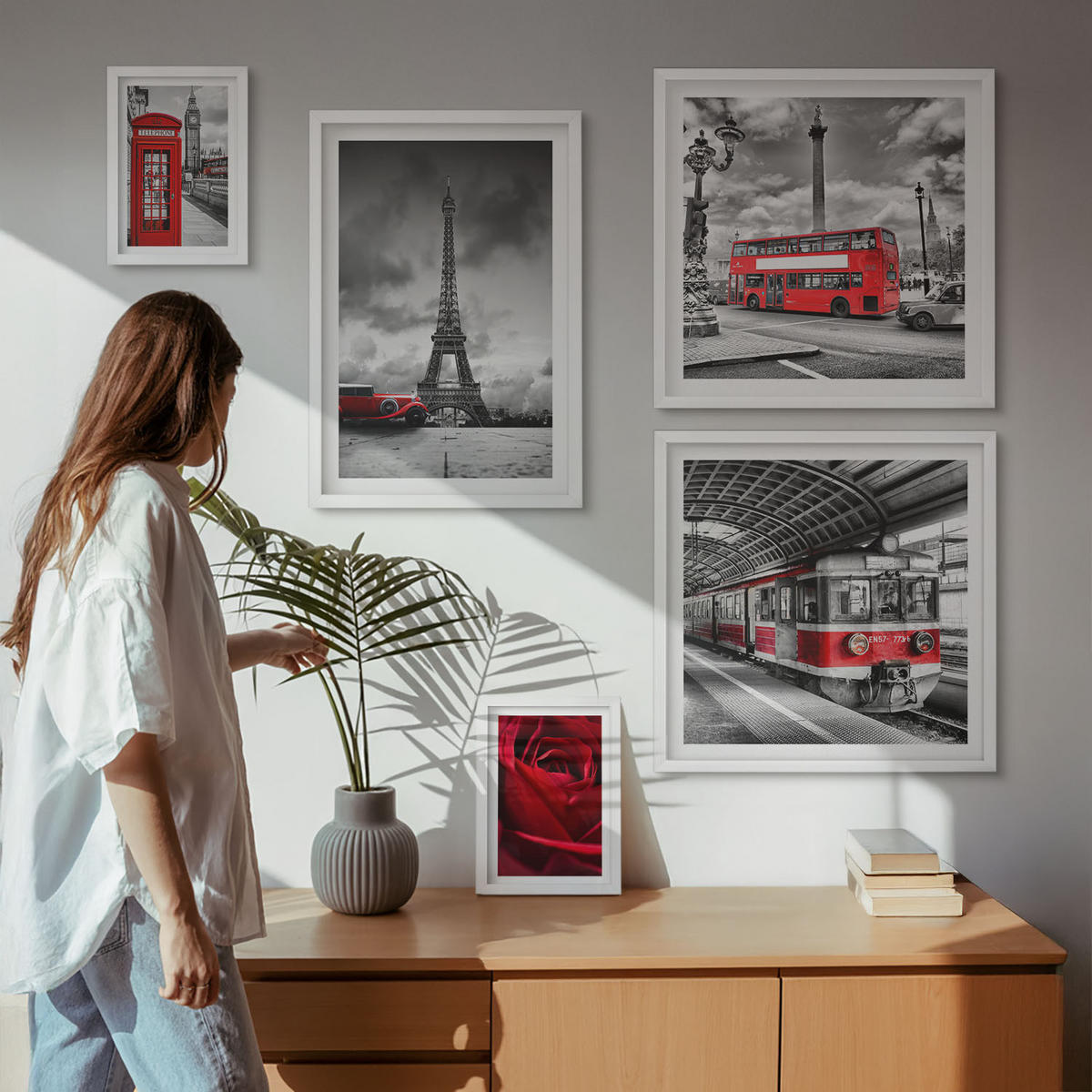 WANDBILDER 5er-Set - 50x50 cm & 20x30 cm & 40x60 cm Weißer Rahmen - Ikonische Städte London Paris Eisenbahn - Weiß, Kunststoff (40/60cm) - ArtPrintCave