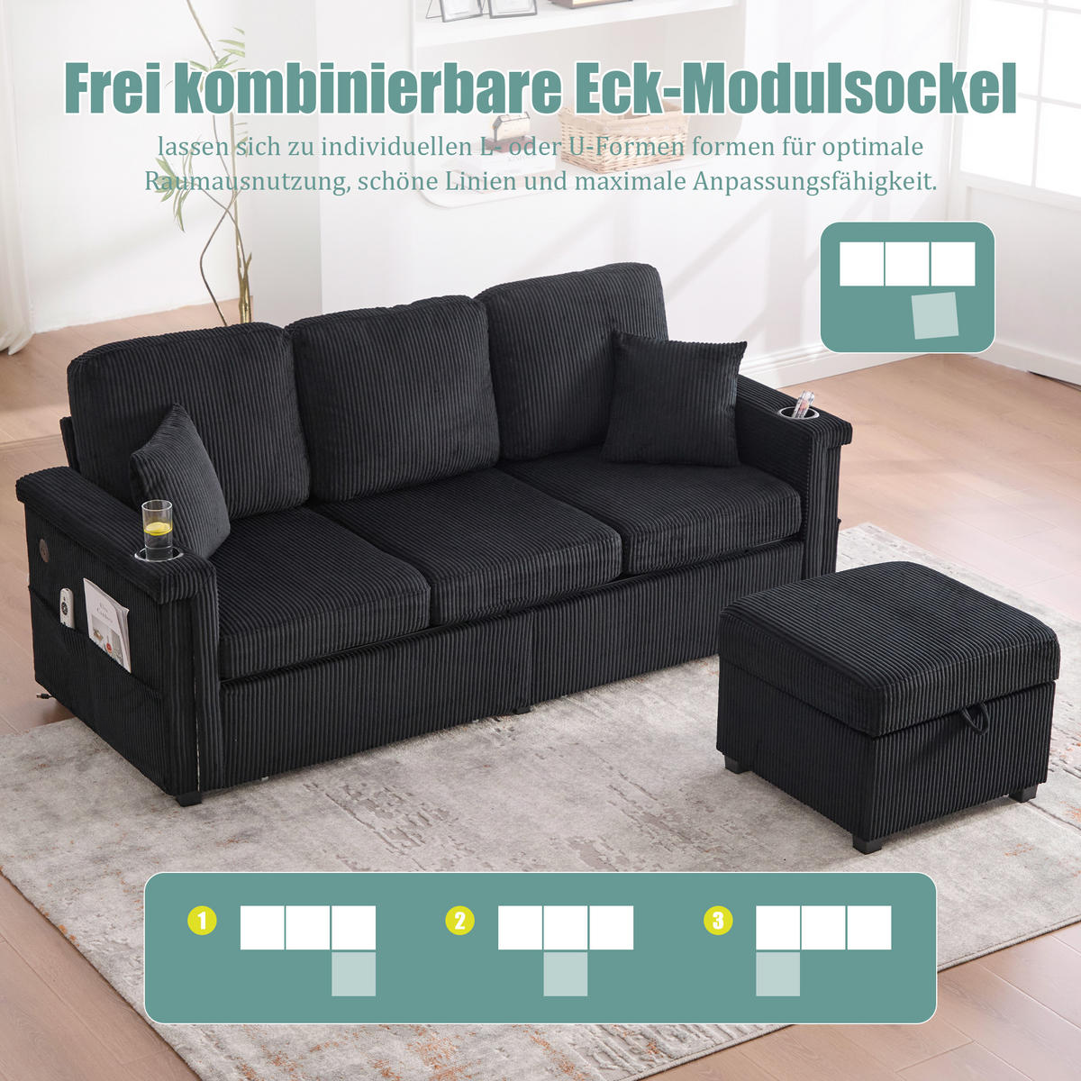 ECKSOFA Corduroy mit LED und USB-Anschluss Stauraum-Schubladen 194/73/81 cm Schwarz - Schwarz, Textil (73/194cm) - Redom