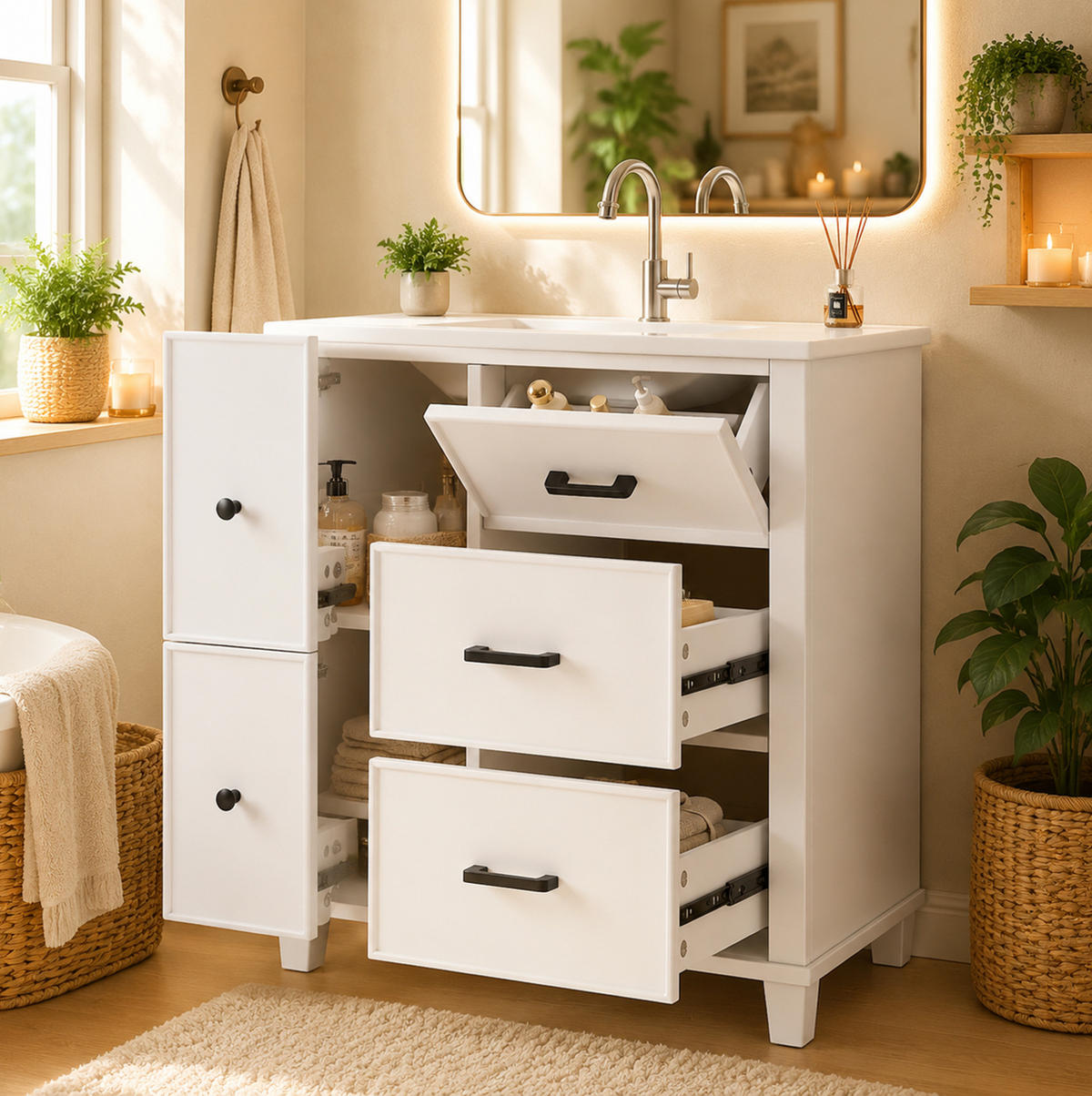 WASCHTISCH aus MDF und Keramik 76,5x47x83,5 cm Weiß mit 4 Schubladen und Klappschublade, integriertes Becken - Weiß, Keramik (76.5/83.5/47cm) - Modfu