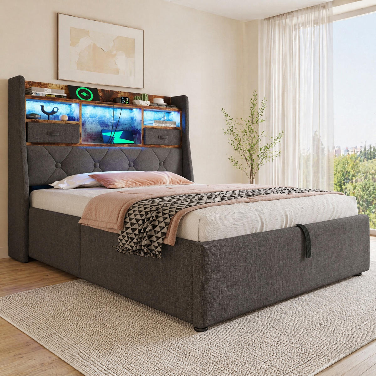 POLSTERBETT 90/200 mit Bettkasten, LED und USB in Grau - Grau, Holzwerkstoff/Textil (90/200cm) - EVRYAE