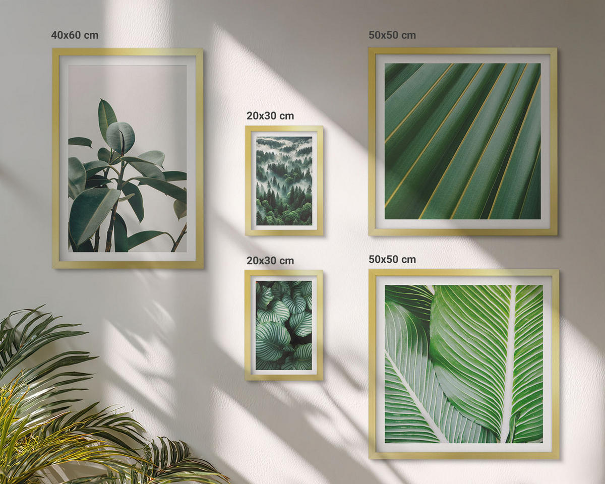 BILDER SET 5er Set - 50x50 cm & 20x30 cm & 40x60 cm Goldrahmen - Tropische Blätter in Grün - Goldfarben, Kunststoff (40/60cm) - TULUP