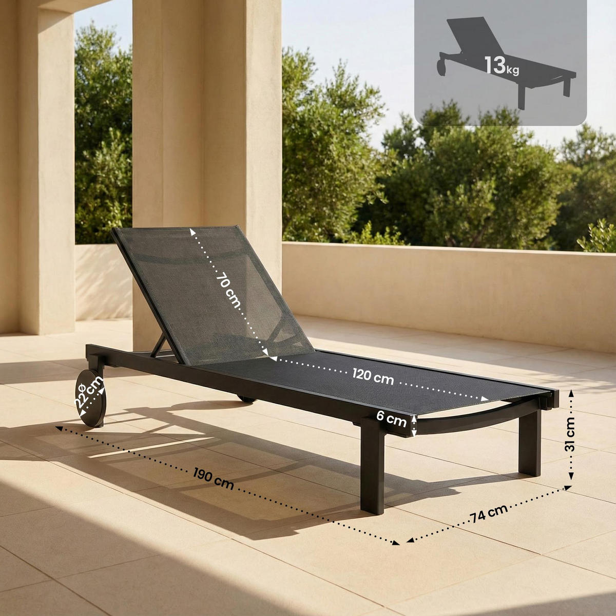 SONNENLIEGE Rune Rollen klappbar 74x190x31cm Metall Schwarz Gartenliege - Schwarz, Metall (74/31/190cm) - DELUKE