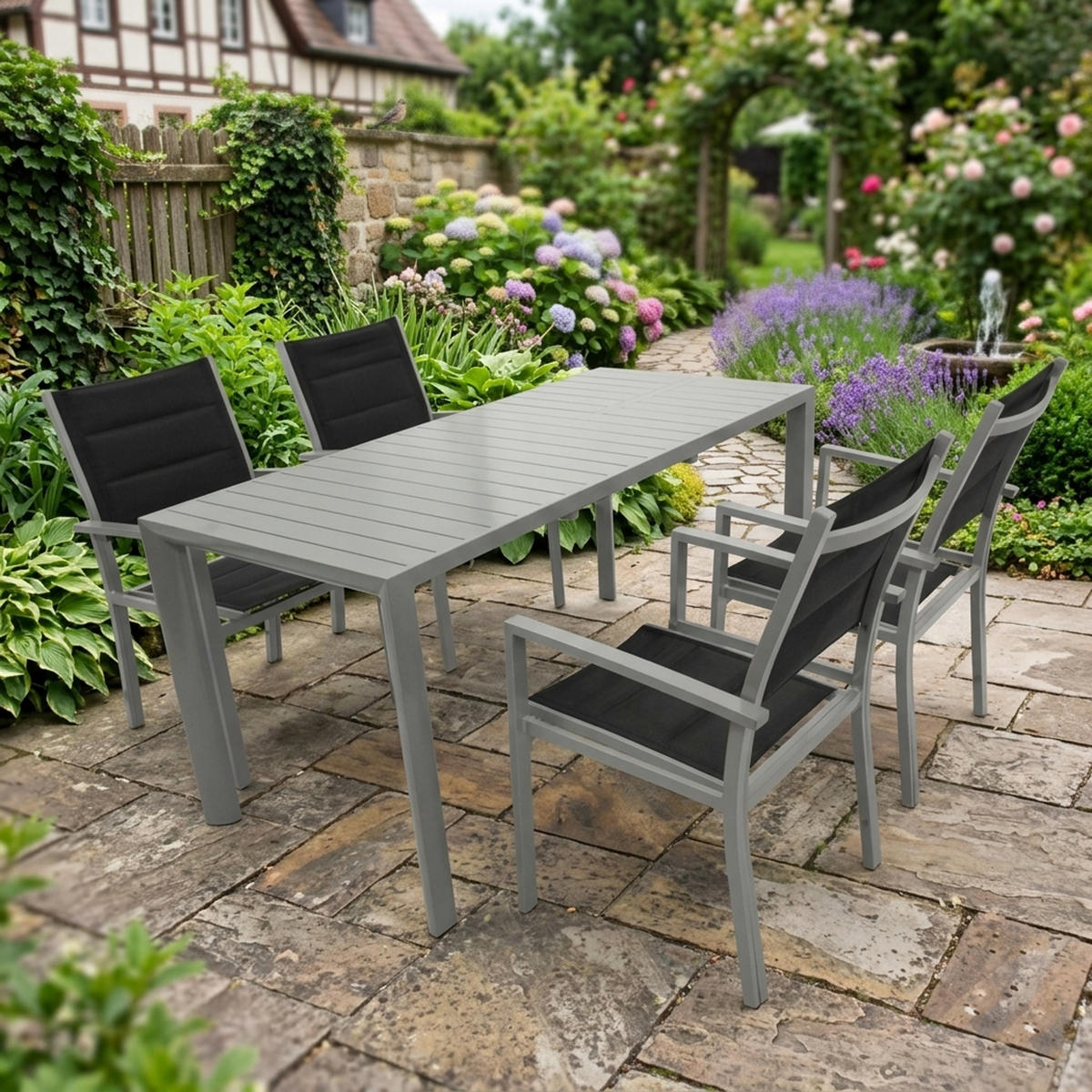 GARTEN-GARNITUR Ashford - 5-teilige Garten-Essgruppe (4x Sessel Aluminium silbergrau + Textilgewebe gepolstert schwarz Ausziehtisch - Grau, Metall - TPFGarden