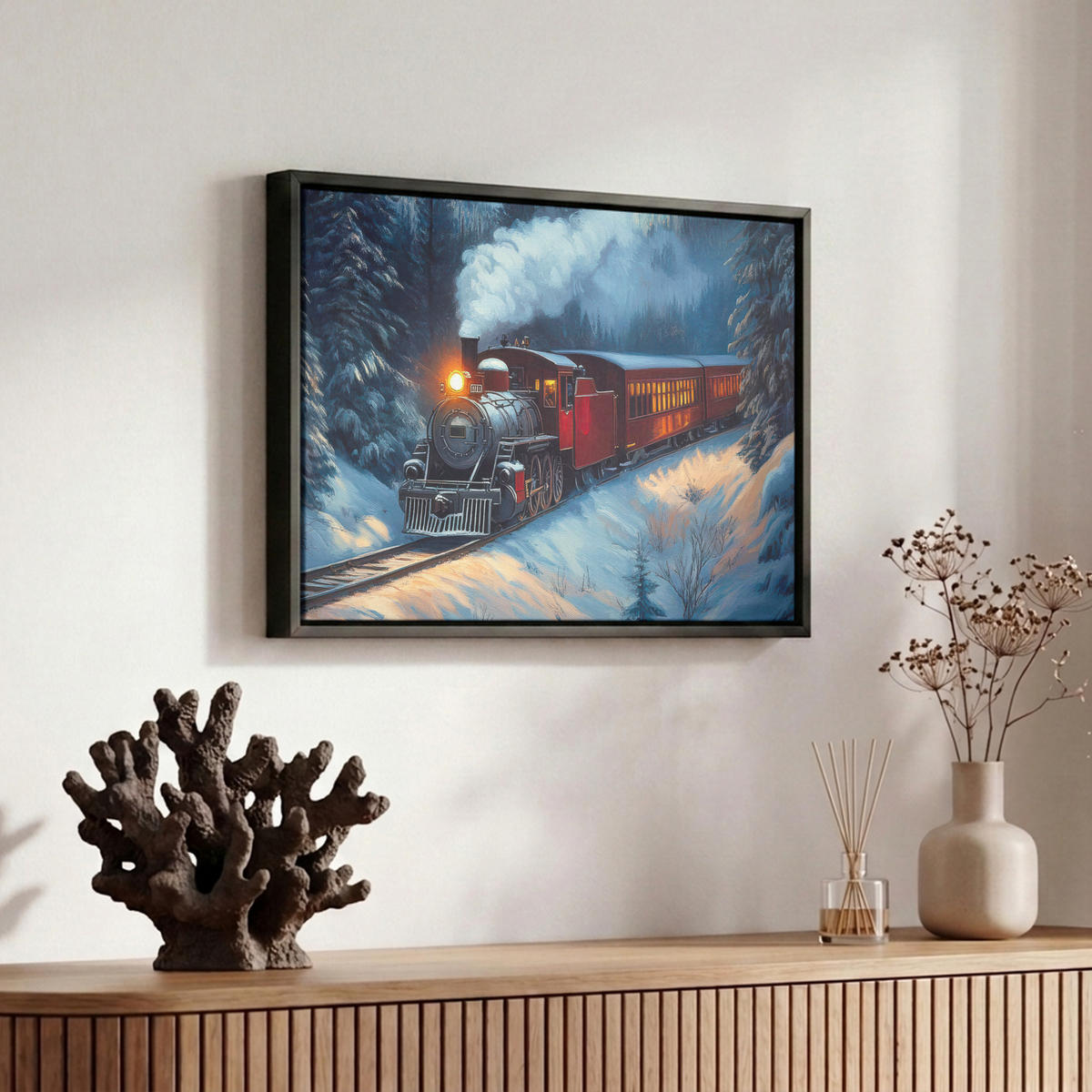 LEINWAND Bilder mit Rahmen - Zug - Weihnachten - Schnee - Weihnachtszug - 30x20 - Anthrazit, Textil (30/20cm) - MuchoWow